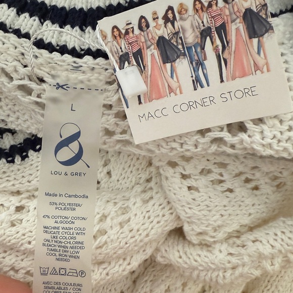 Lou & Grey Tipped Crochet  V-Neck Pocket Cardigan L Nautical Preppy Cotton - Picture 9 of 11